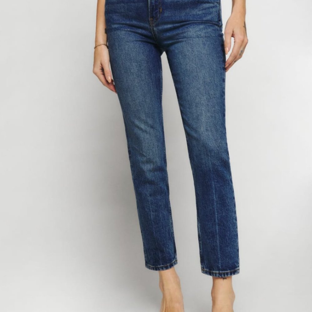 Reformation Liza Ultra High Rise Straight Cropped Jeans in "Icarian" wash